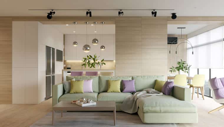 Inspirativní design bytu v pastelových barvách s akcentem dřeva